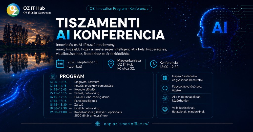 Tiszamenti AI Konferencia plakát — részletek, program, beosztás. Kattints a nagyításhoz.